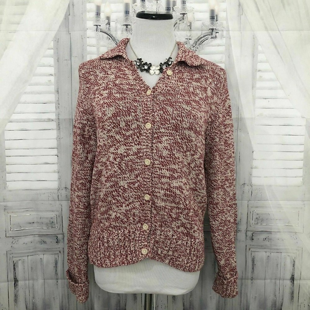 Talbots Size Medium Red Cream Button Down Cardiga… - image 1